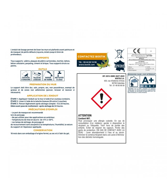 Enduit lissage pâte Bostik