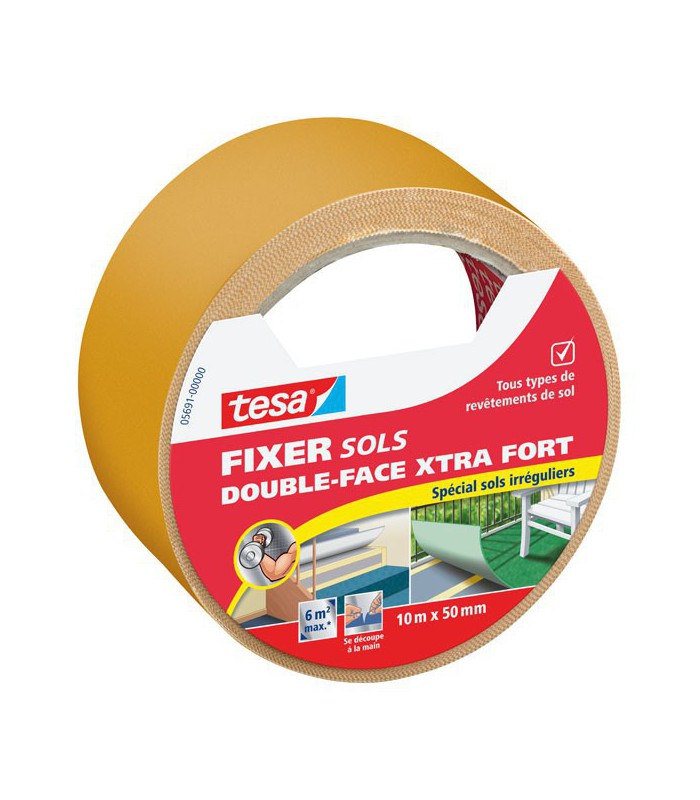 Adhésif fixation extra-forte double-face pour sols irréguliers 10m x 50mm