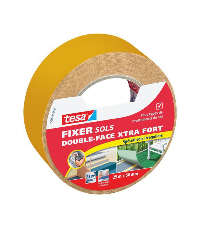 Adhésif fixation extra-forte double-face pour sols irréguliers 10m x 50mm