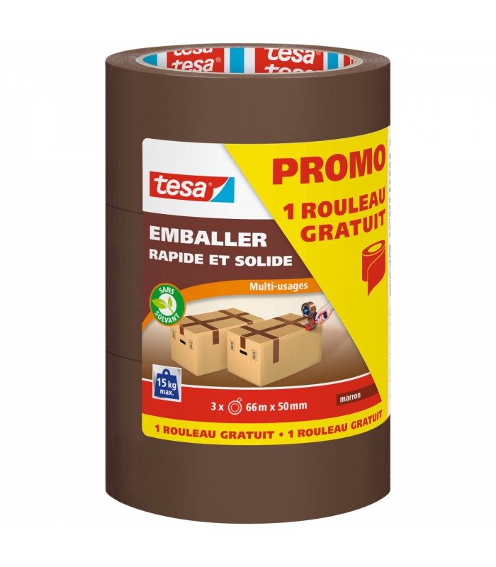 Adhésif emballage rapide et solide 66m x 50mm Marron Lot de 2 + 1 gratuit