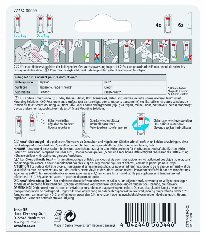 Clou adhésif réglable Tesa 1 kg pour plâtre et papier peint