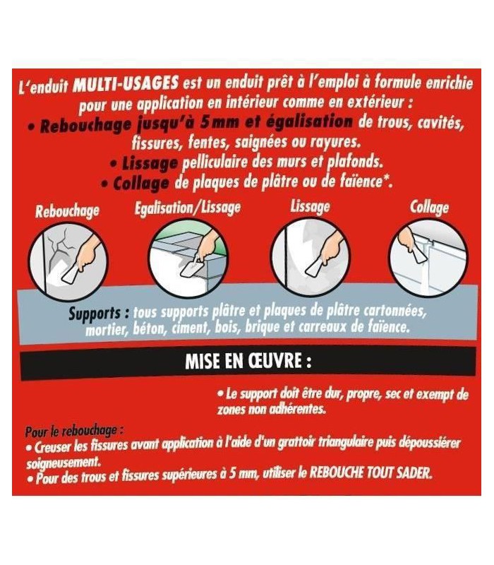 Enduit mural multi‐usages Sader prêt à l'emploi intérieur extérieur