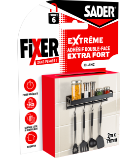 Sader adhésif double-face extra fort 2m x19mm fixer sans percer