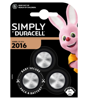 Pack de 3 piles bouton Duracell Simply CR2016 3 V