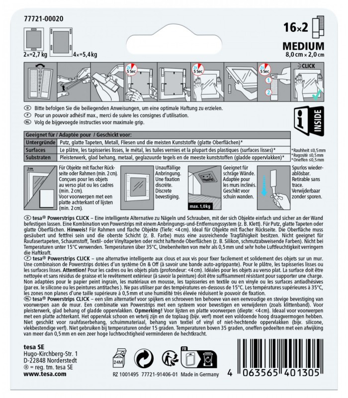 Languette adhésive tesa Powerstrips CLICK pour cadres 16x2 M