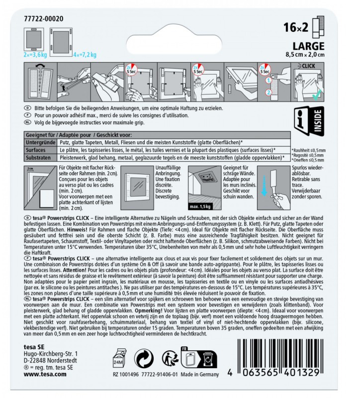 Languette adhésive tesa Powerstrips CLICK pour cadres 16x2 L