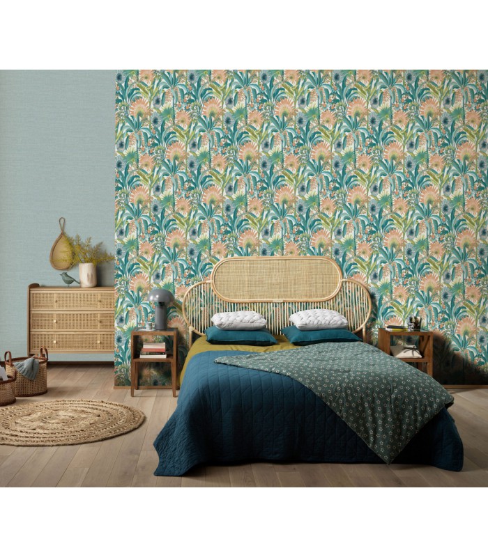 Papier peint Erismann, Collection Martinique - Intissé grainé, Décor : EXOTIC BLEU TURQUOISE