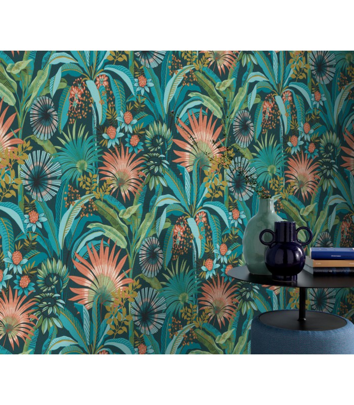 Papier peint Erismann, Collection Martinique - Intissé grainé, Décor : EXOTIC BLEU FONCE