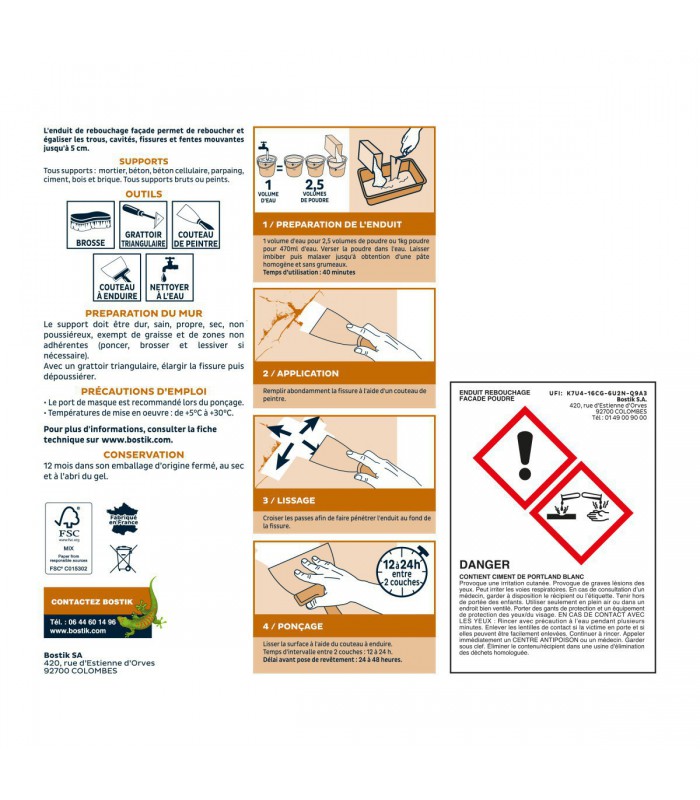 Enduit de rebouchage façade en poudre Bostik