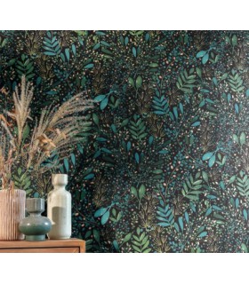 Papier peint Joy Vert Bleu et Or sur Fond Noir - Collection Green Life 2 - CASELIO - Réf.  GNL2101697692