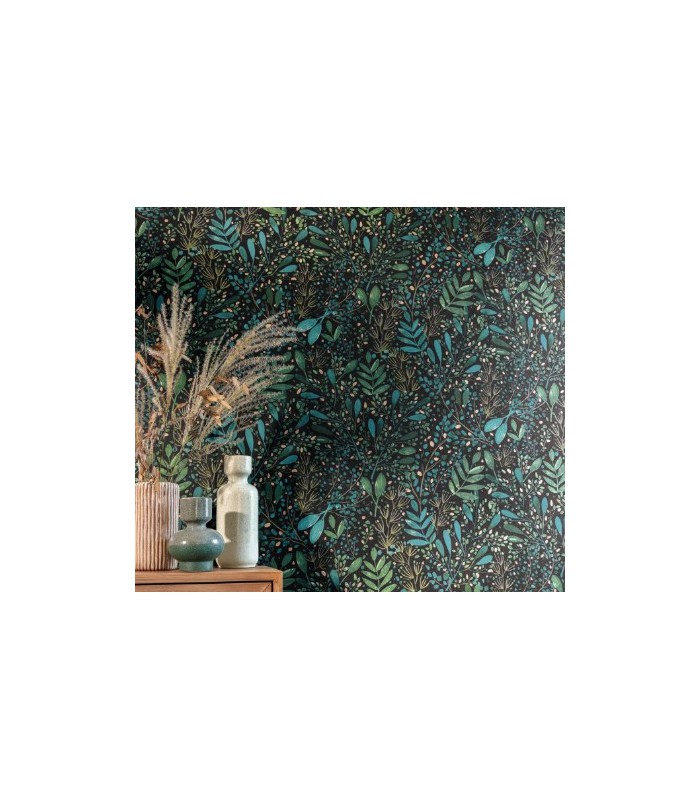 Papier peint Joy Vert Bleu et Or sur Fond Noir - Collection Green Life 2 - CASELIO - Réf.  GNL2101697692