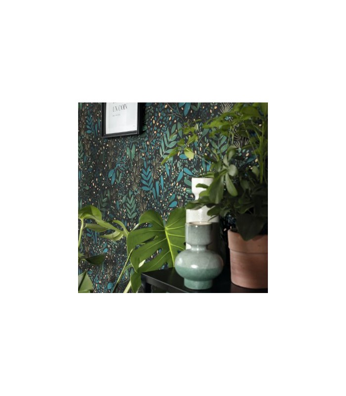 Papier peint Joy Vert Bleu et Or sur Fond Noir - Collection Green Life 2 - CASELIO - Réf.  GNL2101697692