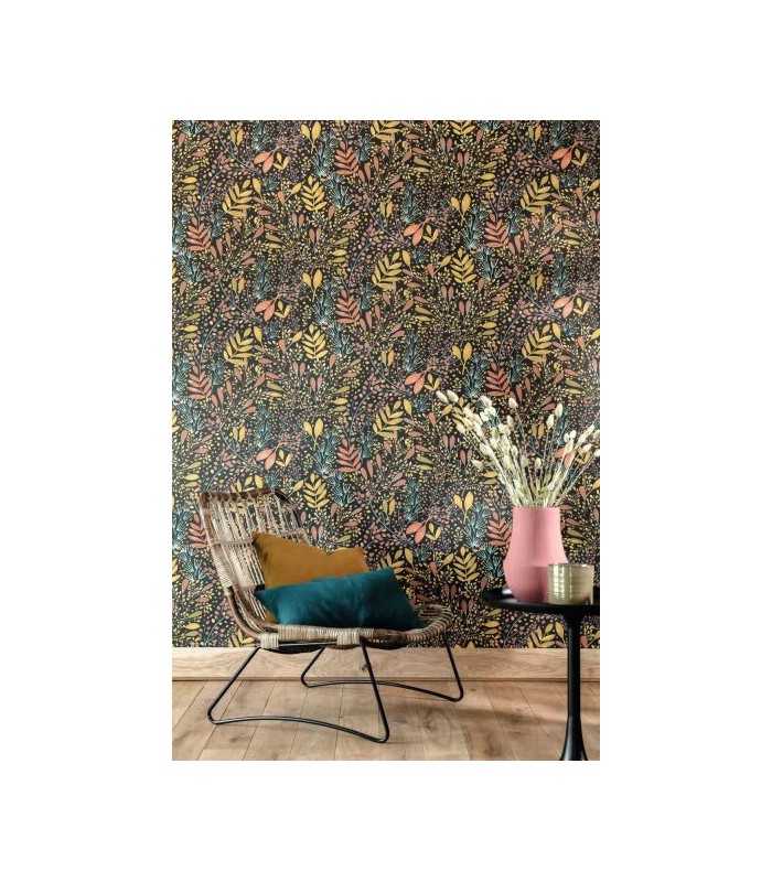 Papier peint Joy Rose Ocre sur Fond Noir - Collection Green Life 2 - CASELIO - Réf.  GNL2101694129