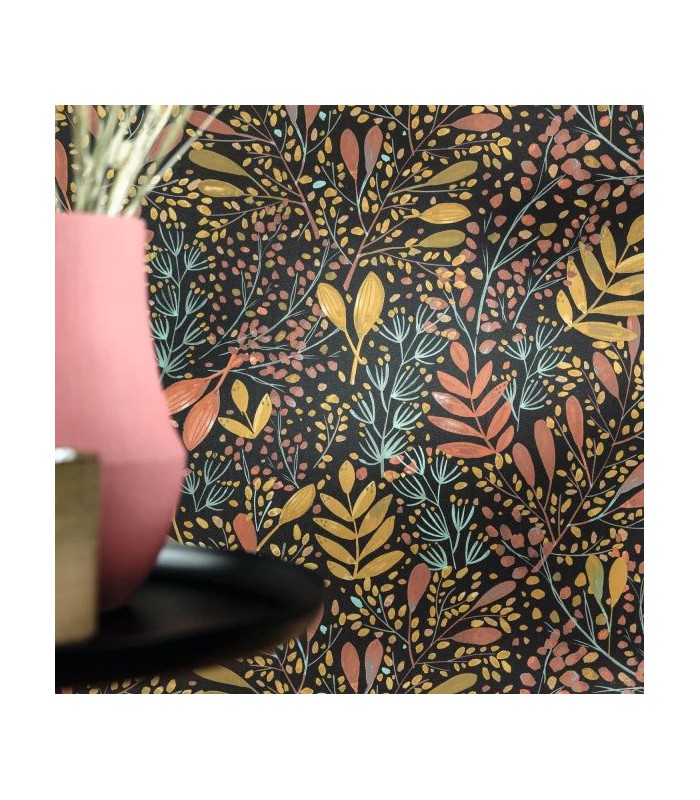 Papier peint Joy Rose Ocre sur Fond Noir - Collection Green Life 2 - CASELIO - Réf.  GNL2101694129