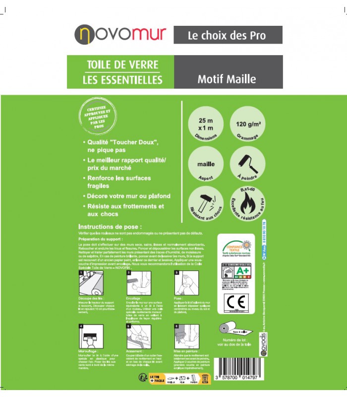 Toile de verre à peindre maille 120g/m² Novomur - 12,5M/25 M