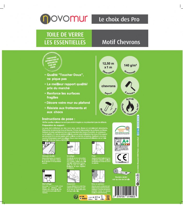 Toile de verre à peindre Chevrons 140g/m² Novomur - 12,5M/25M