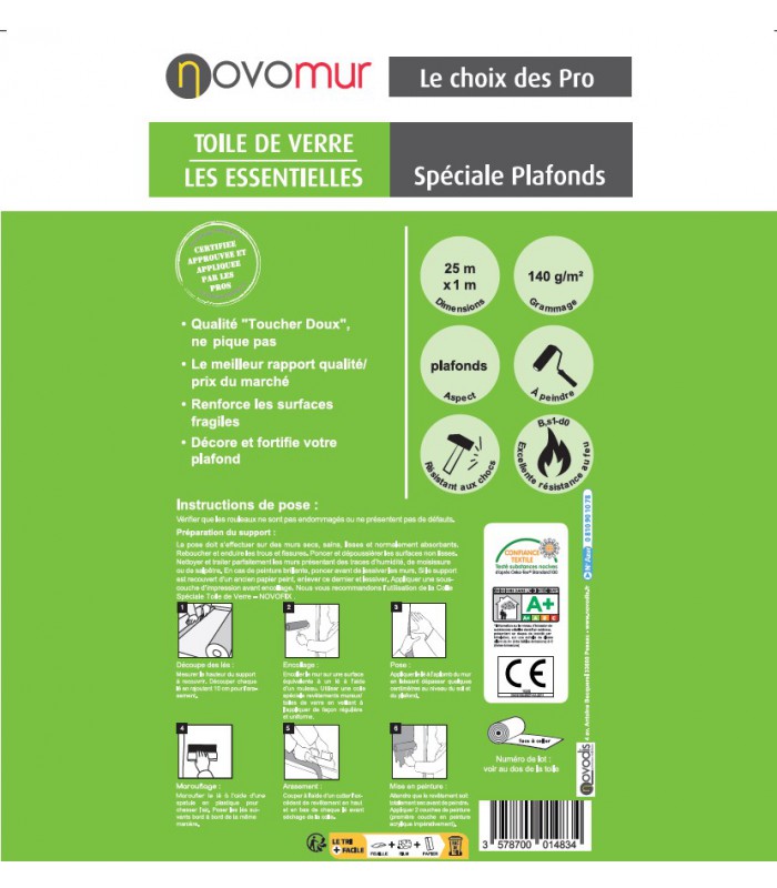 Toile de verre à peindre spéciale Plafonds 140g/m² Novomur - 12,5M/25M