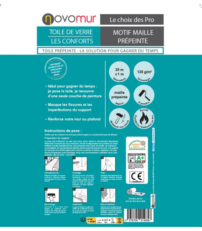 Toile de verre prépeinte maille 135g/m² Novomur - 12,5M/25 m