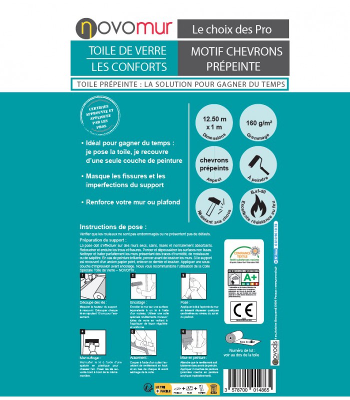 Toile de verre prépeinte motif Chevrons 160g/m² Novomur - 12,5Mx1M