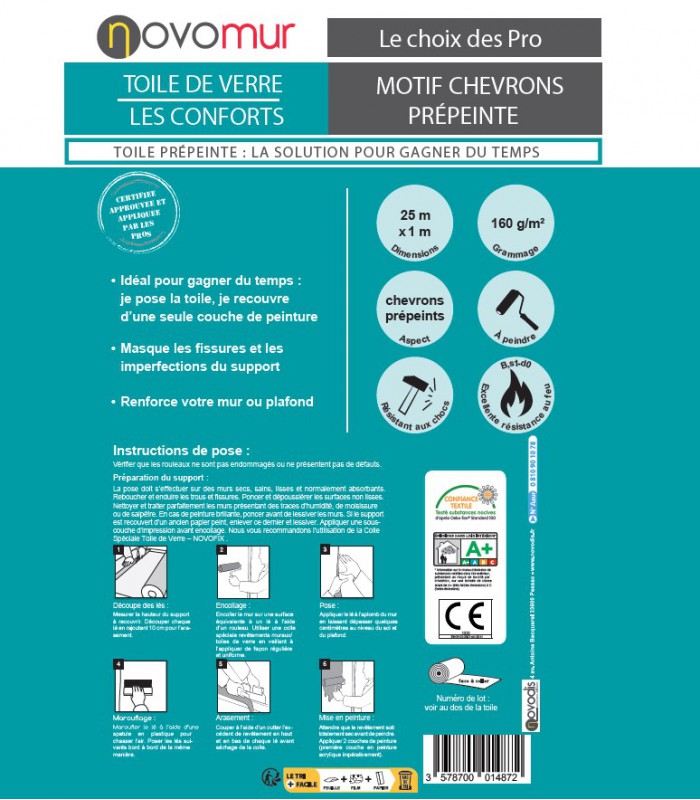 Toile de verre prépeinte chevrons 135g/m² Novomur - 25Mx1M