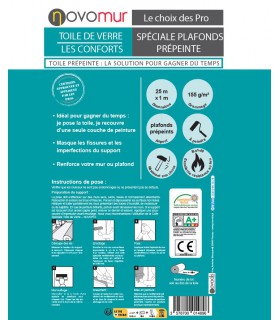 Toile de verre prépeinte spéciale plafond 155g/m² Novomur - 12,5M/25M