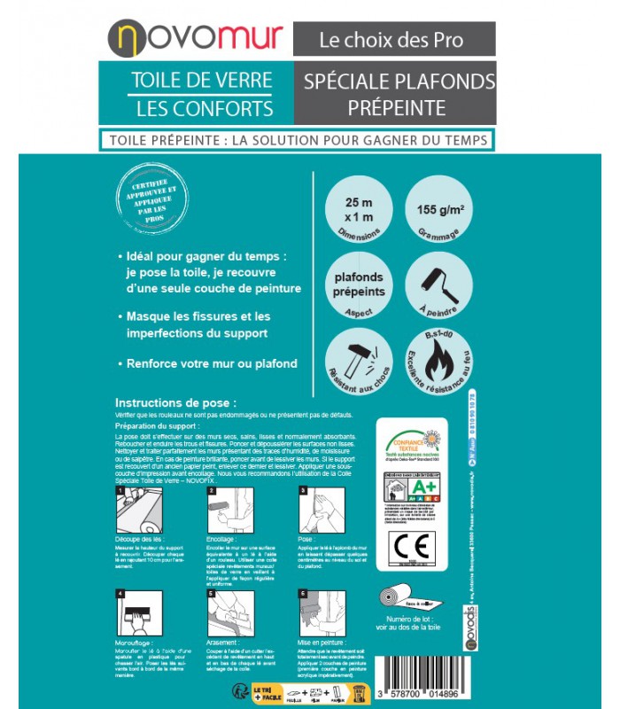 Toile de verre prépeinte spéciale plafond 155g/m² Novomur - 12,5M/25M