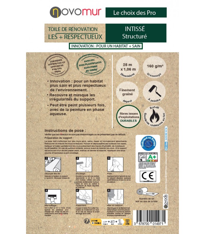 Toile de rénovation Eco Green lisse 160 g/m² – 25 m x 1,06 m